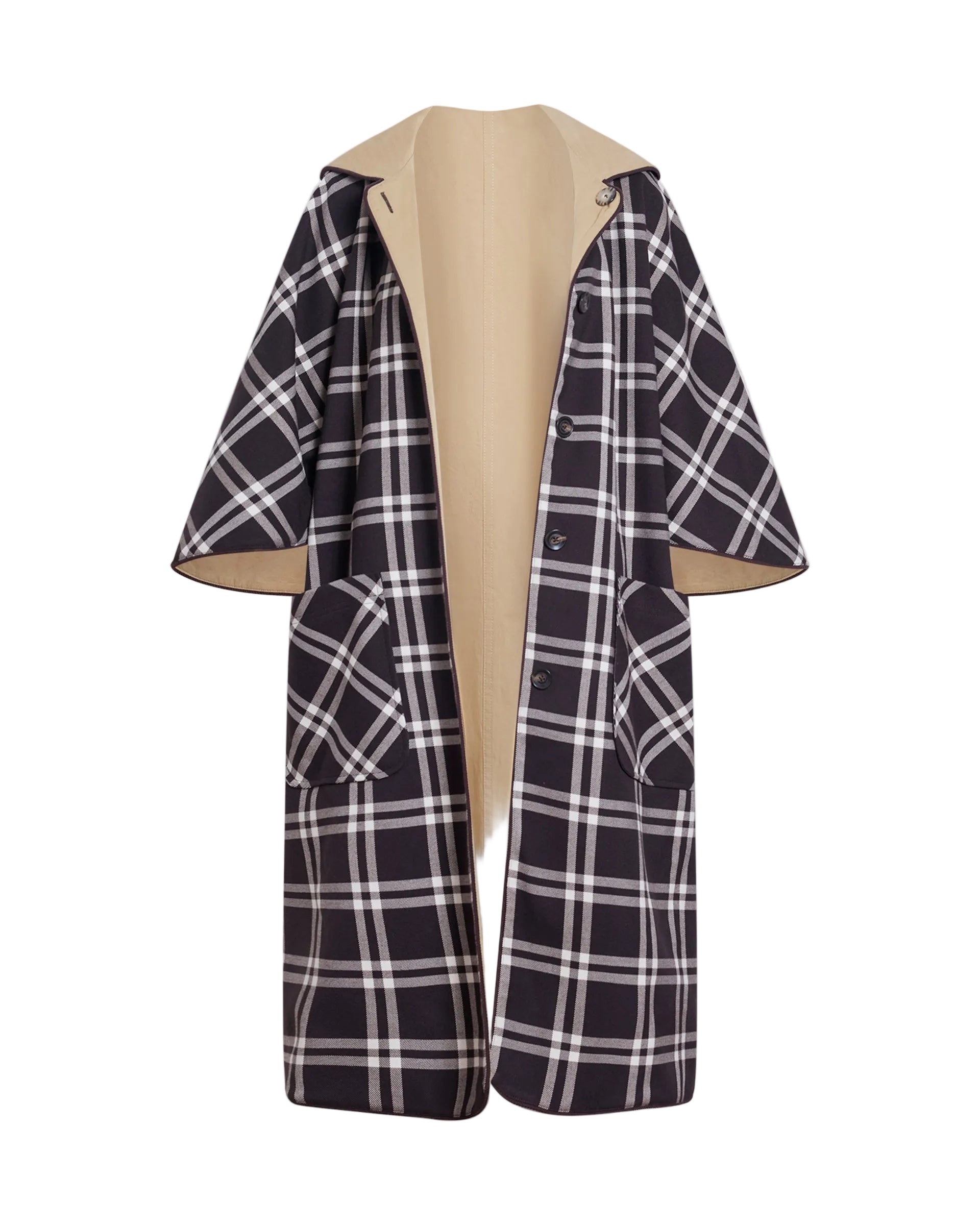 Front view of Carlisle reversible coat in Dark Fig Plaid showcasing plaid exterior, tan reverse, hood, buttons, and front pockets on white