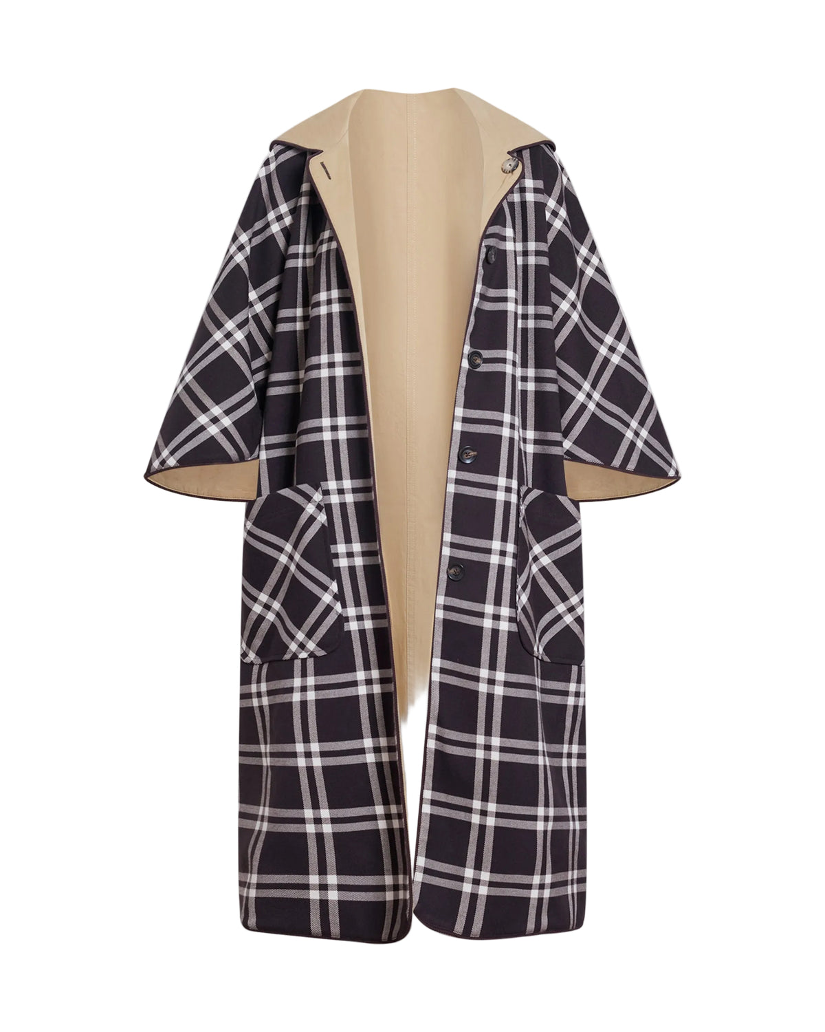 Front view of Carlisle reversible coat in Dark Fig Plaid showcasing plaid exterior, tan reverse, hood, buttons, and front pockets on white