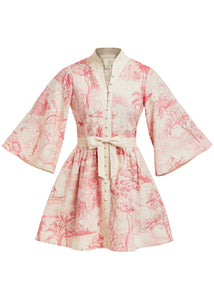 Carmen Mini Dress in Pink & Ivory Tropical Toile