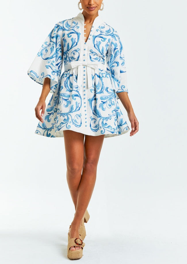 Blue and white printed linen mini dress with mandarin collar