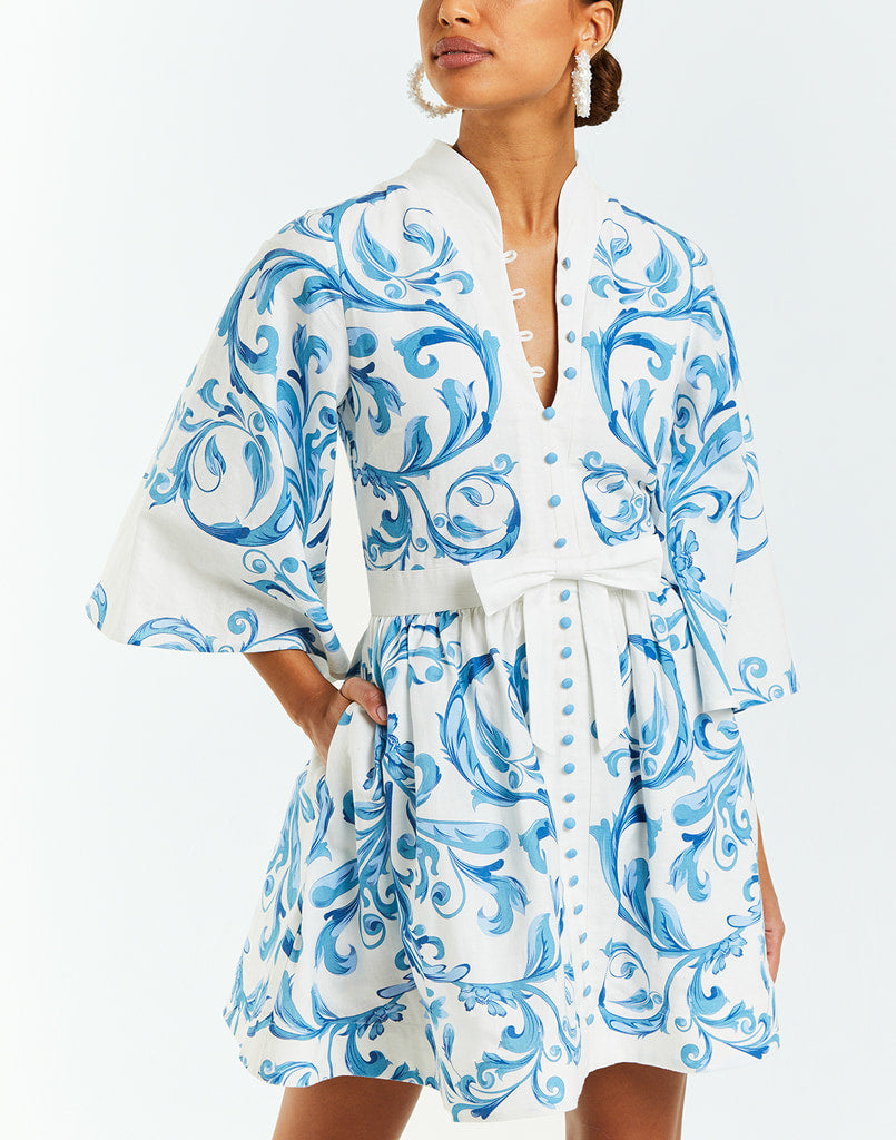 Blue and white printed linen mini dress with mandarin collar