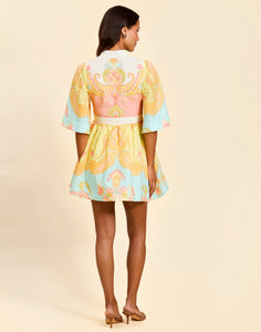 Carmen Mini Dress in Venetian Paisley linen with butterfly sleeves, mandarin collar, and bow waist detail.