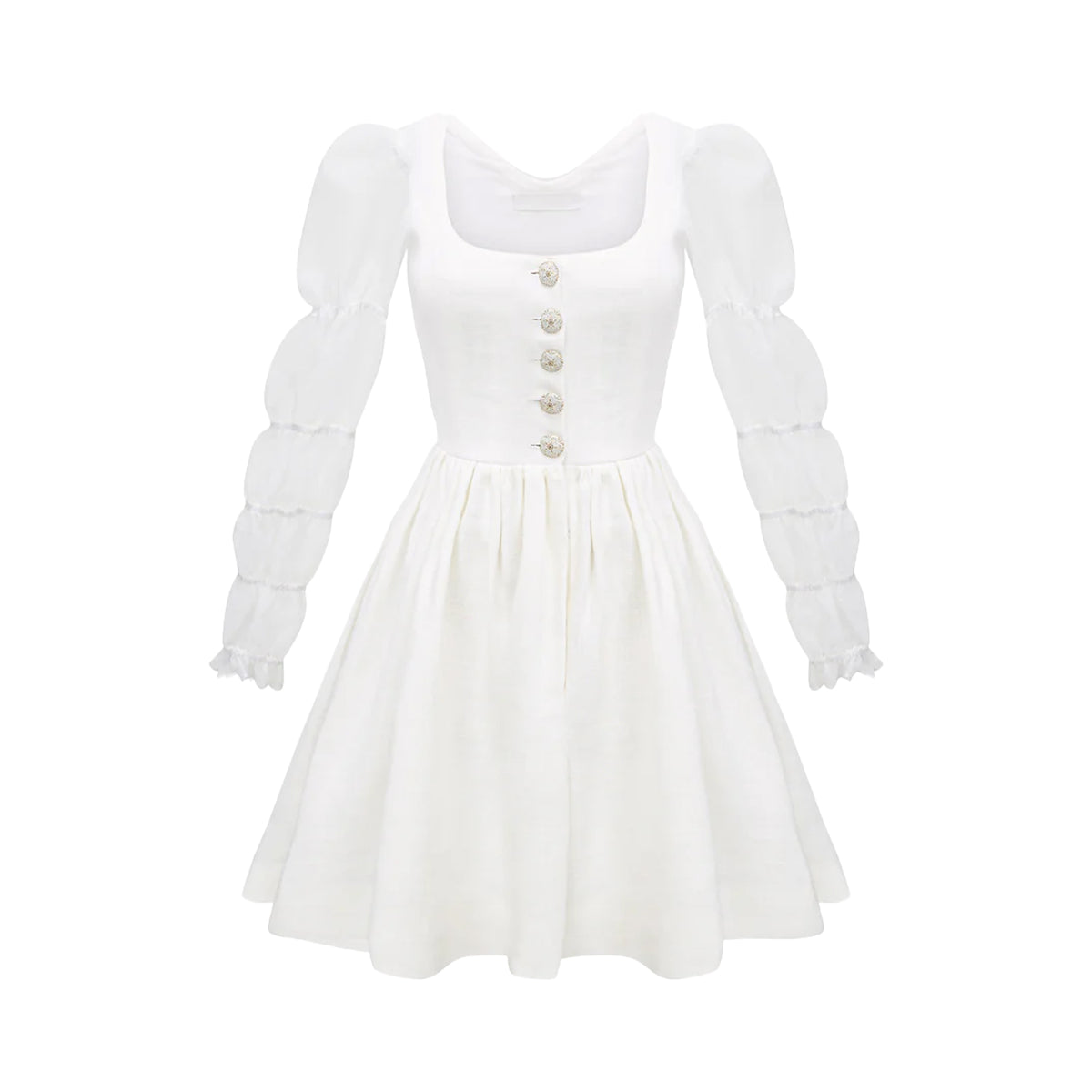 Front view of Carolina Dress in White showcasing puffed sleeves, antique buttons, and gathered skirt with a plain white background