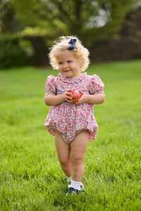 Little English traditional children's clothing.  Soft blue and raspberry red Lennox Floral short sleeve bubble for baby girls with ruffle collar and blue piping detail at sleeves and chest