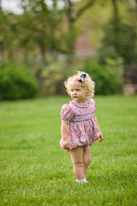 Little English traditional children's clothing.  Soft blue and raspberry red Lennox Floral short sleeve bubble for baby girls with ruffle collar and blue piping detail at sleeves and chest