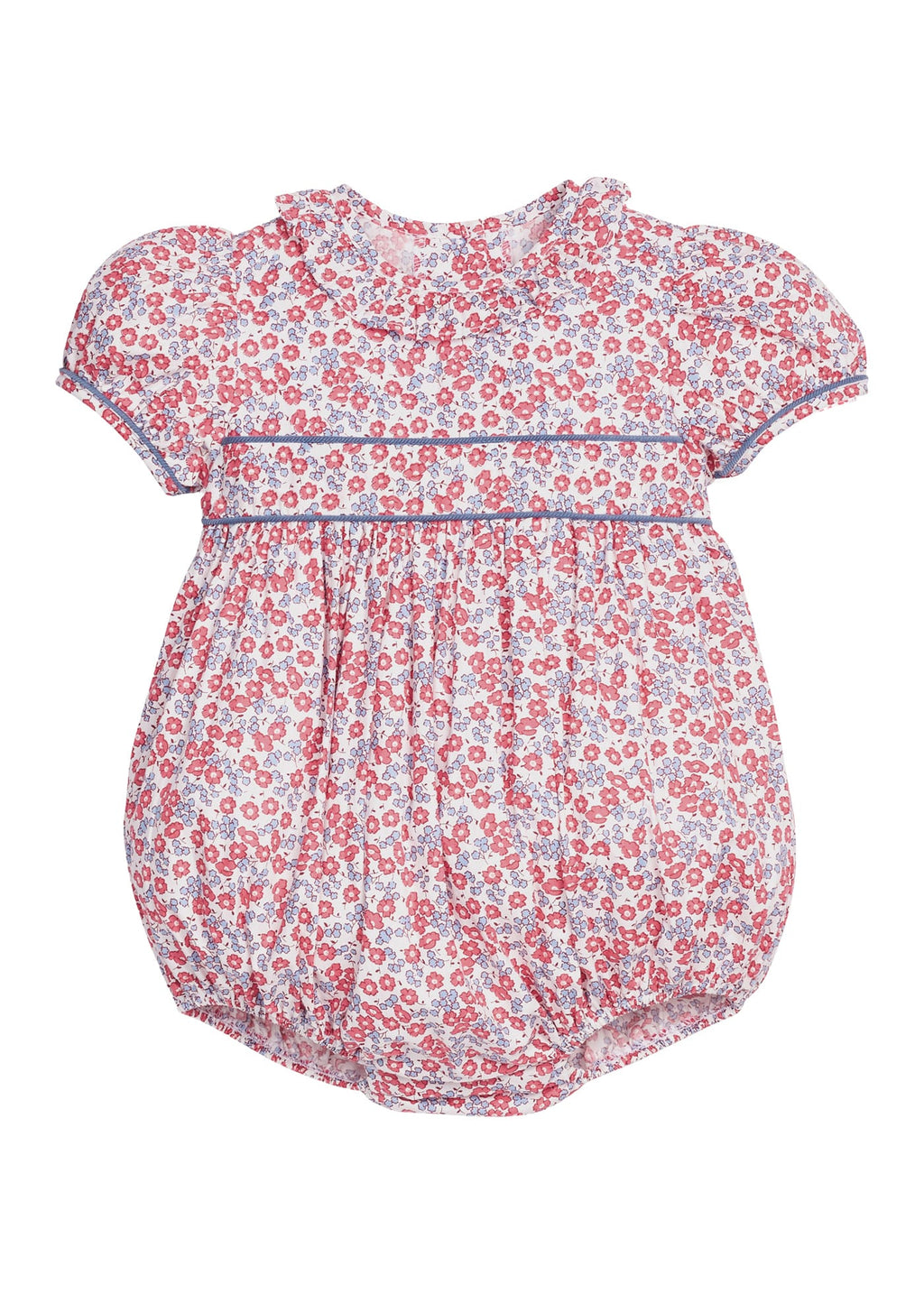 Little English traditional children's clothing.  Soft blue and raspberry red Lennox Floral short sleeve bubble for baby girls with ruffle collar and blue piping detail at sleeves and chest
