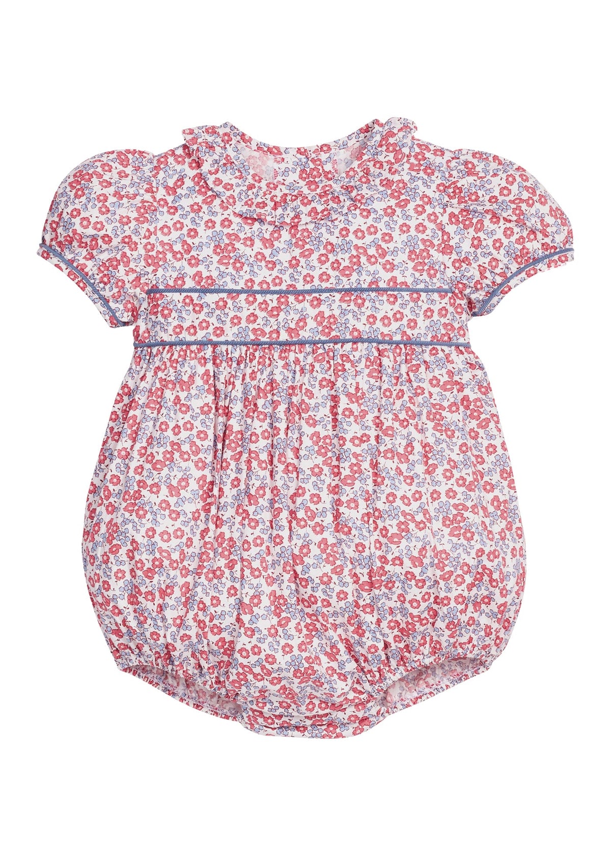 Little English traditional children's clothing.  Soft blue and raspberry red Lennox Floral short sleeve bubble for baby girls with ruffle collar and blue piping detail at sleeves and chest