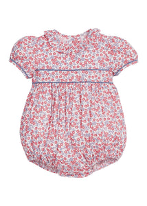 Little English traditional children's clothing.  Soft blue and raspberry red Lennox Floral short sleeve bubble for baby girls with ruffle collar and blue piping detail at sleeves and chest