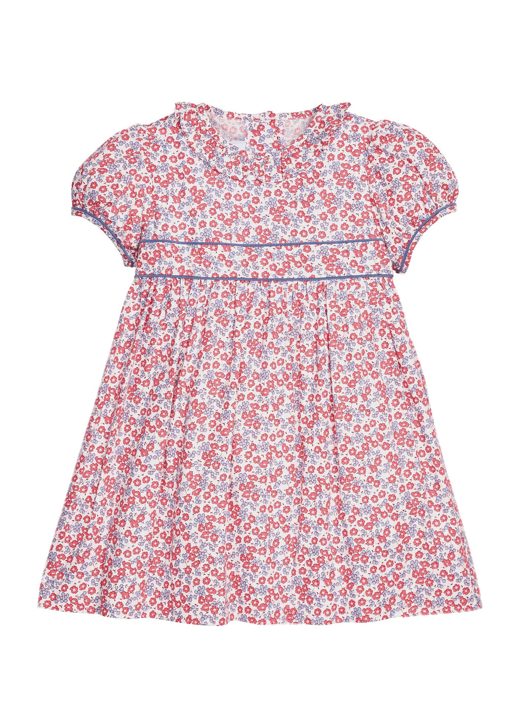 Little English traditional children's clothing.  Soft blue and raspberry red Lennox Floral short sleeve dress for little girls with ruffle collar and blue piping detail at sleeves and chest
