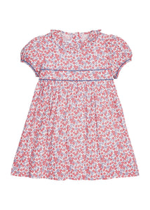 Little English traditional children's clothing.  Soft blue and raspberry red Lennox Floral short sleeve dress for little girls with ruffle collar and blue piping detail at sleeves and chest