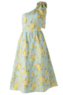 Front view of Caroline Dress in Rose Garden Jacquard showcasing statement shoulder bow and tea-length skirt on white background