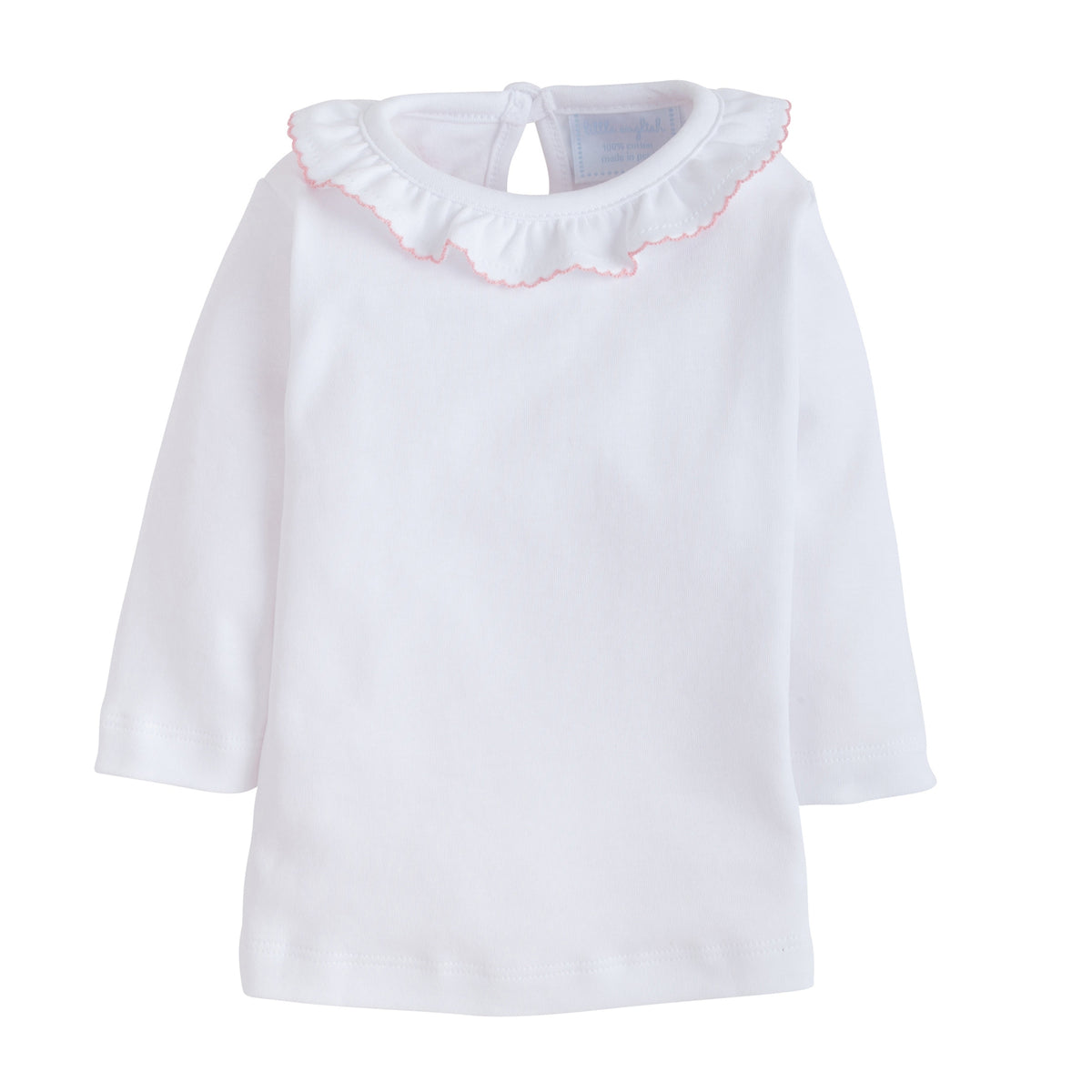 Front view of Caroline Knit Blouse in light pink showcasing ruffled collar with pink picot trim on white background