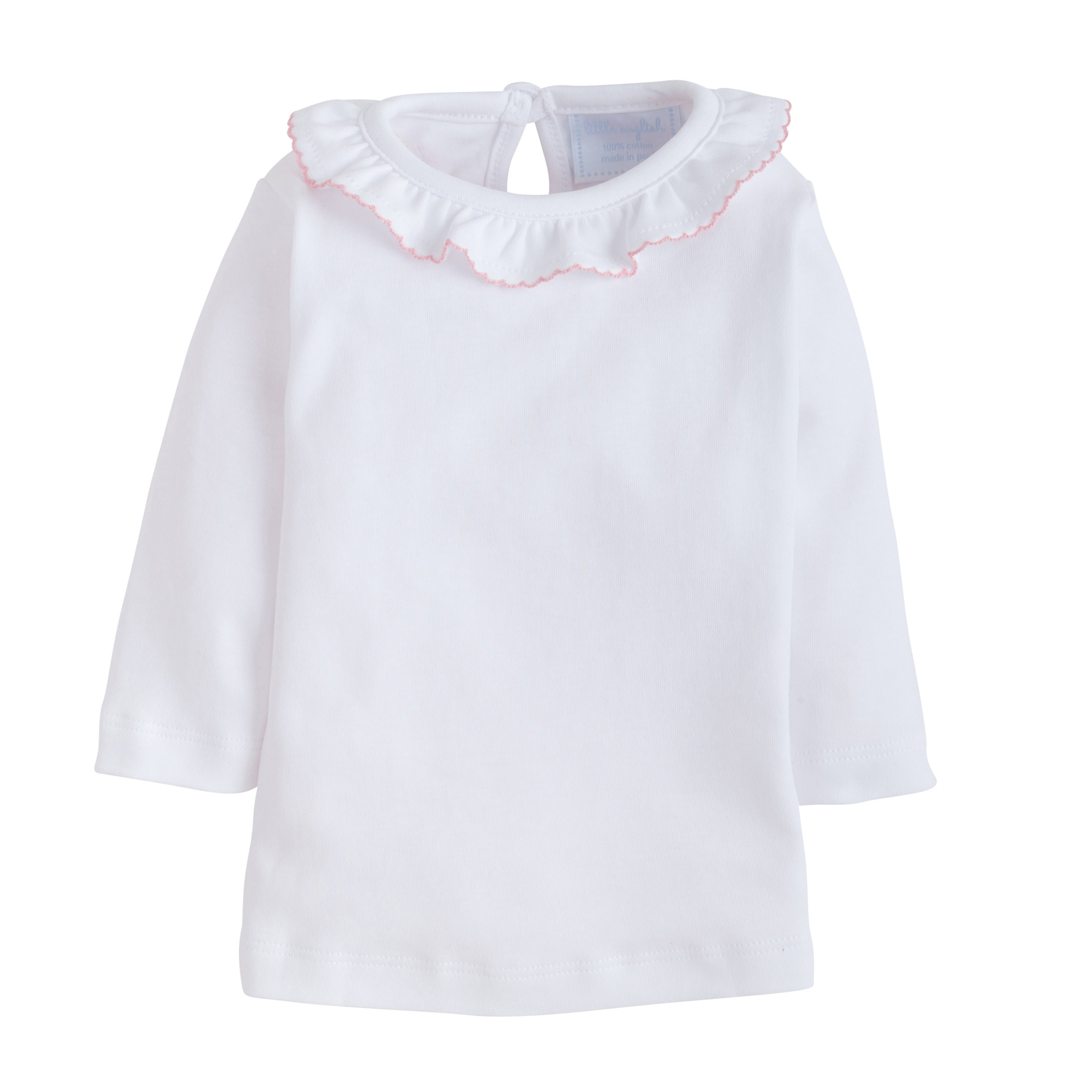 little english classic childrens clothing, girls white blouse with ruffled collar and pink trim picot