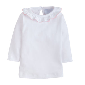 little english classic childrens clothing, girls white blouse with ruffled collar and pink trim picot
