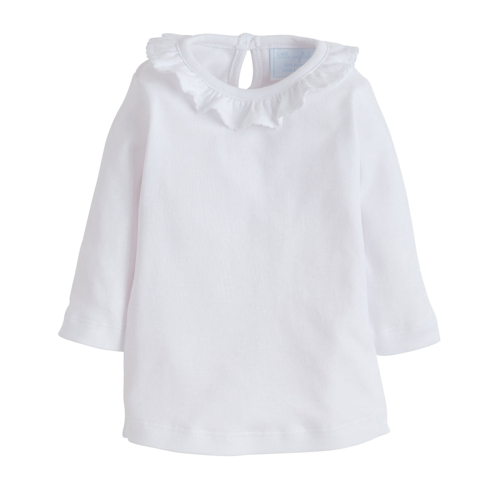 Front view of Caroline Knit Blouse in white showcasing ruffled collar and long sleeves on plain white background