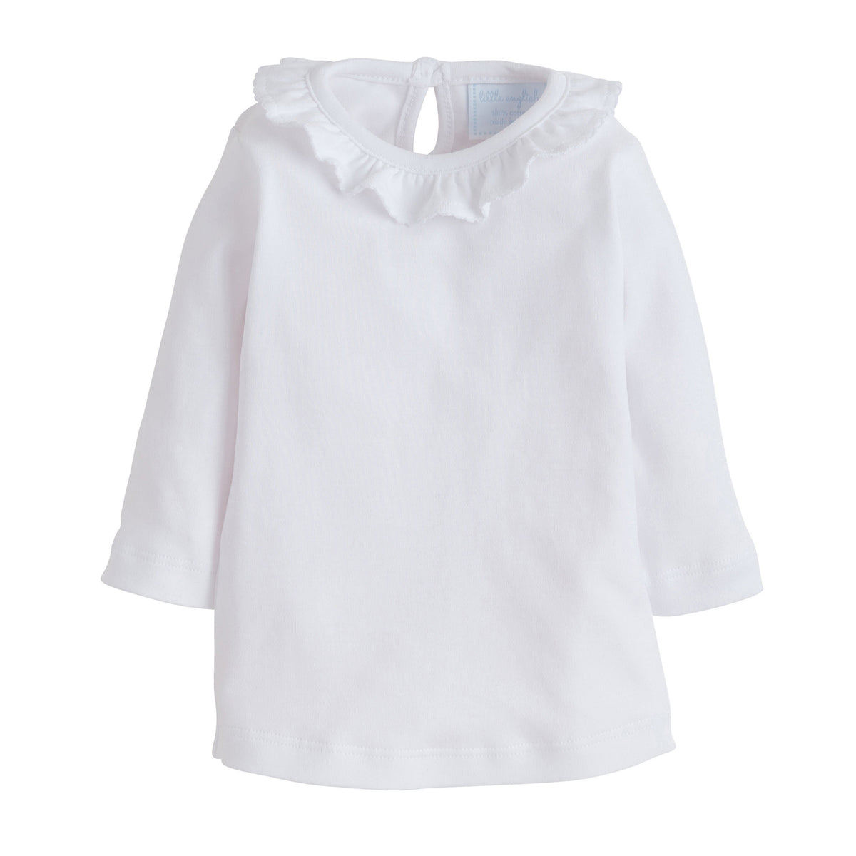 Front view of Caroline Knit Blouse in white showcasing ruffled collar and long sleeves on plain white background