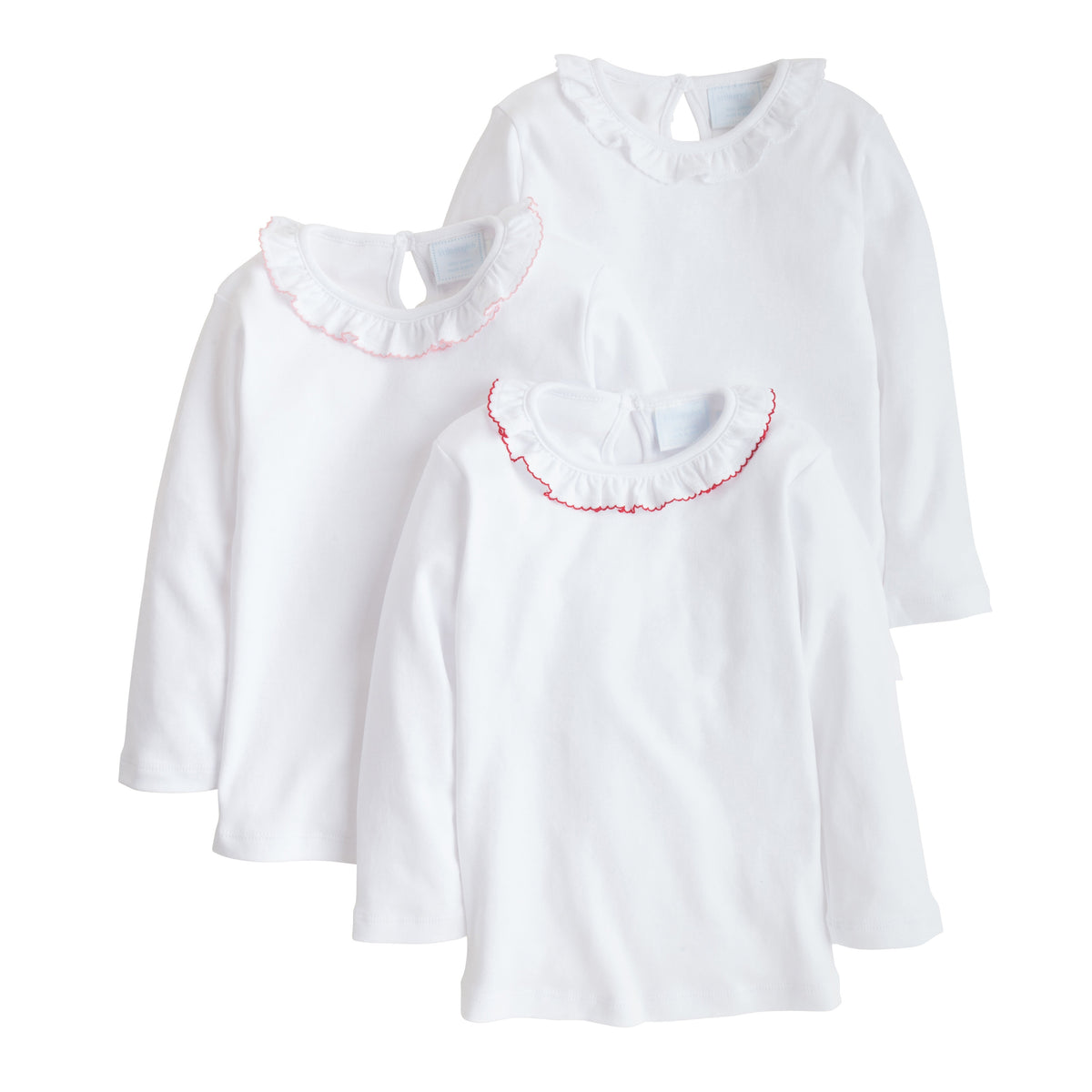 Front view of Caroline Knit Blouse showing ruffled collar with light-pink picot trim on white background
