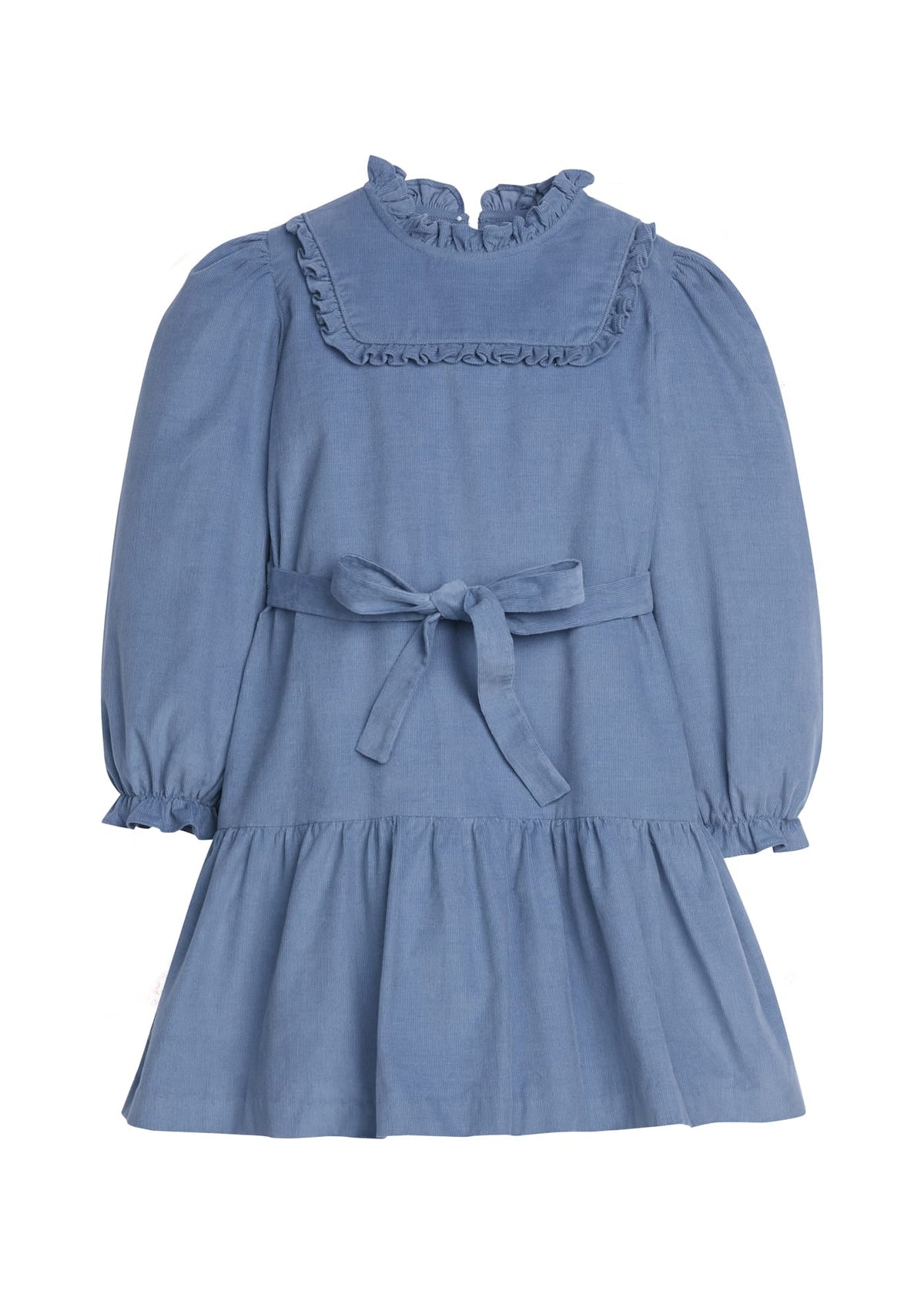 Little English traditional clothing, carrick dress in stormy blue corduroy with ruffle details on collar, chest, and sleeve cuffs, bow around waist for little girl