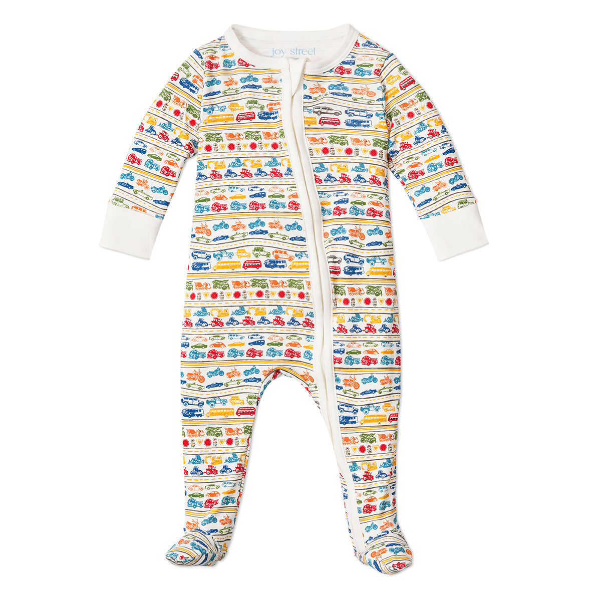 Front view of Cars & Trucks Zip Baby Onesie showcasing colorful vehicle print and footed legs against a white background