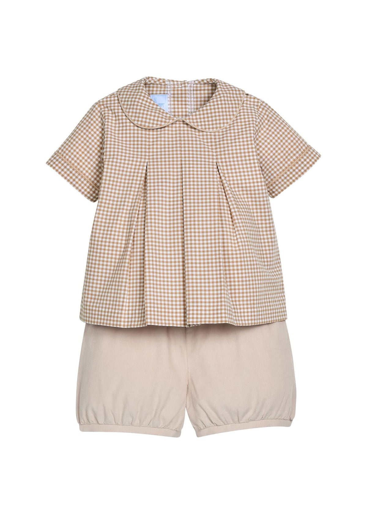 Little English traditional children's clothing.  Short sleeve pleated peter pan shirt in khaki gingham paired with khaki stone corduroy banded shorts.  Fall set for toddler boys.