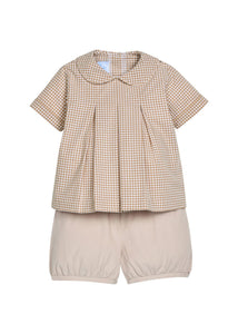 Little English traditional children's clothing.  Short sleeve pleated peter pan shirt in khaki gingham paired with khaki stone corduroy banded shorts.  Fall set for toddler boys.