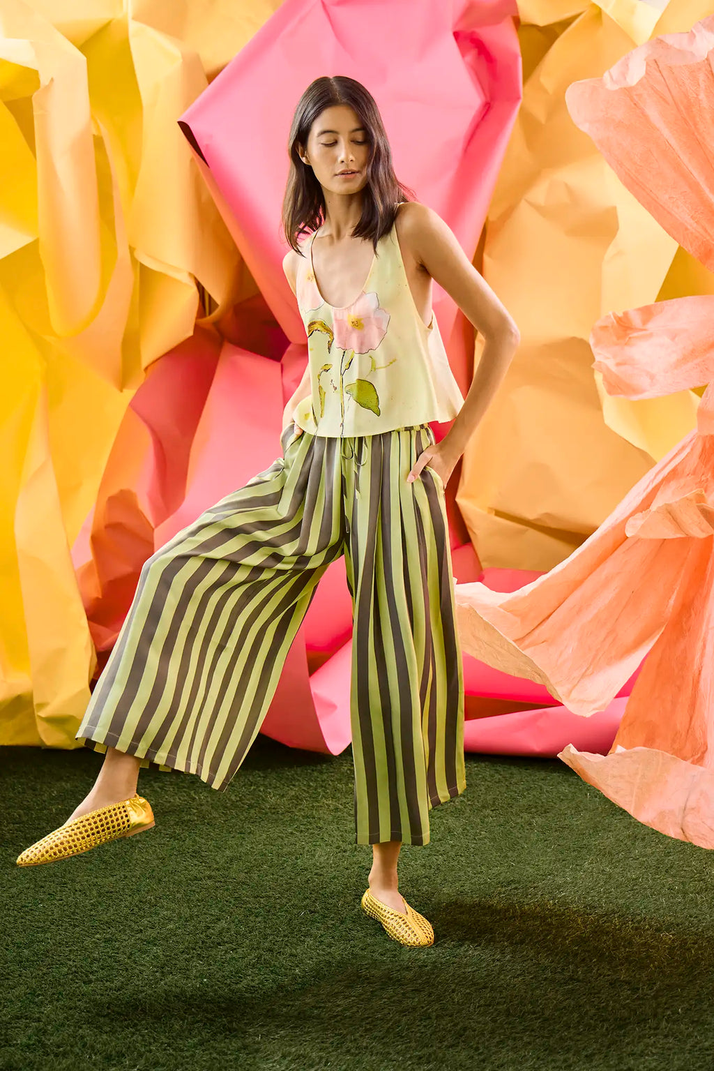 The Cyprus Pant, dark green & yellow striped pants, paired with Carsyn Tank.