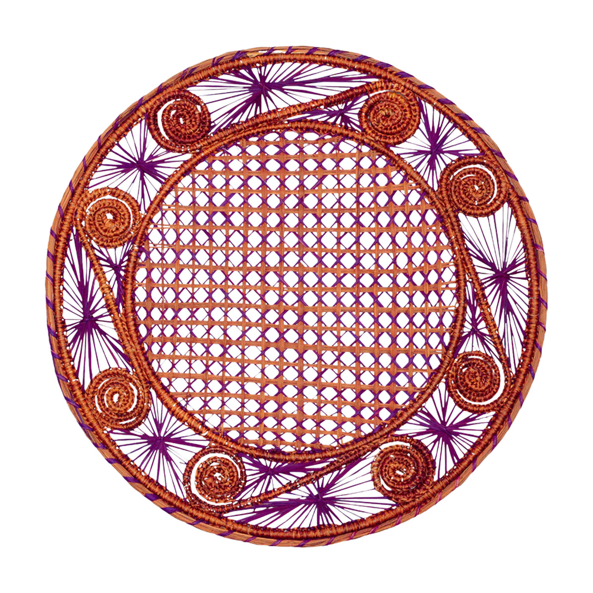 Top view of Cartagena Placemat Maroon showcasing an intricate green and blue motif with stars, scrolls, and lattices on white background