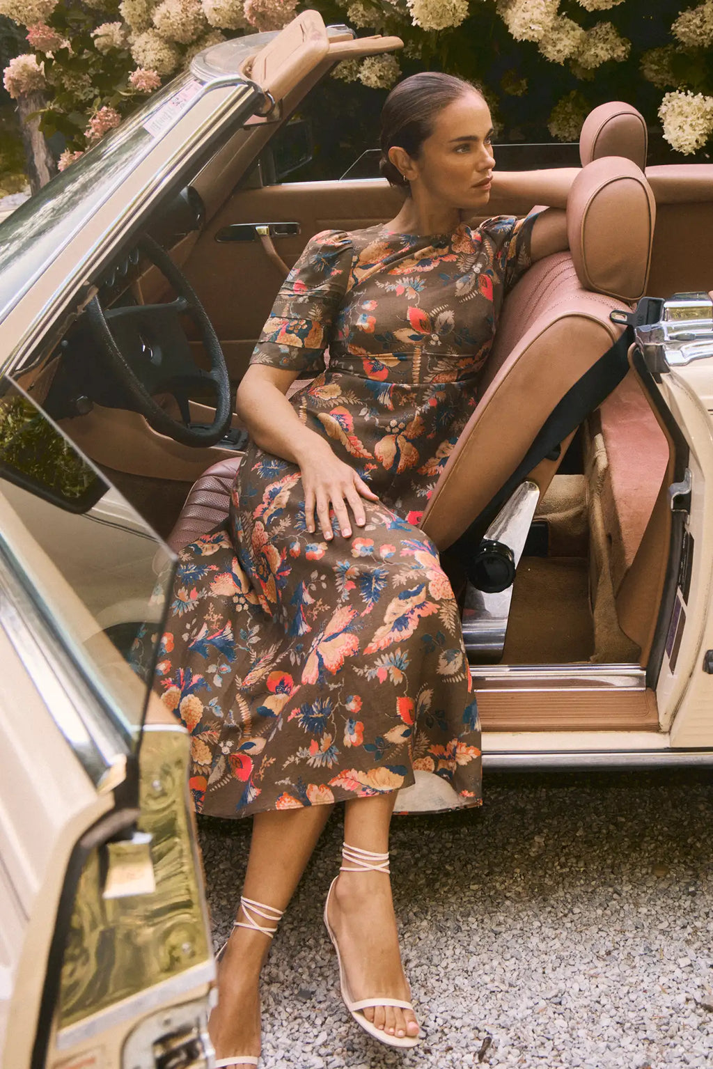 Sheath midi dress with curved waist and relaxed skirt in Olive Floral print.