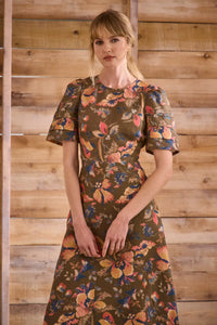 Sheath midi dress with curved waist and relaxed skirt in Olive Floral print.