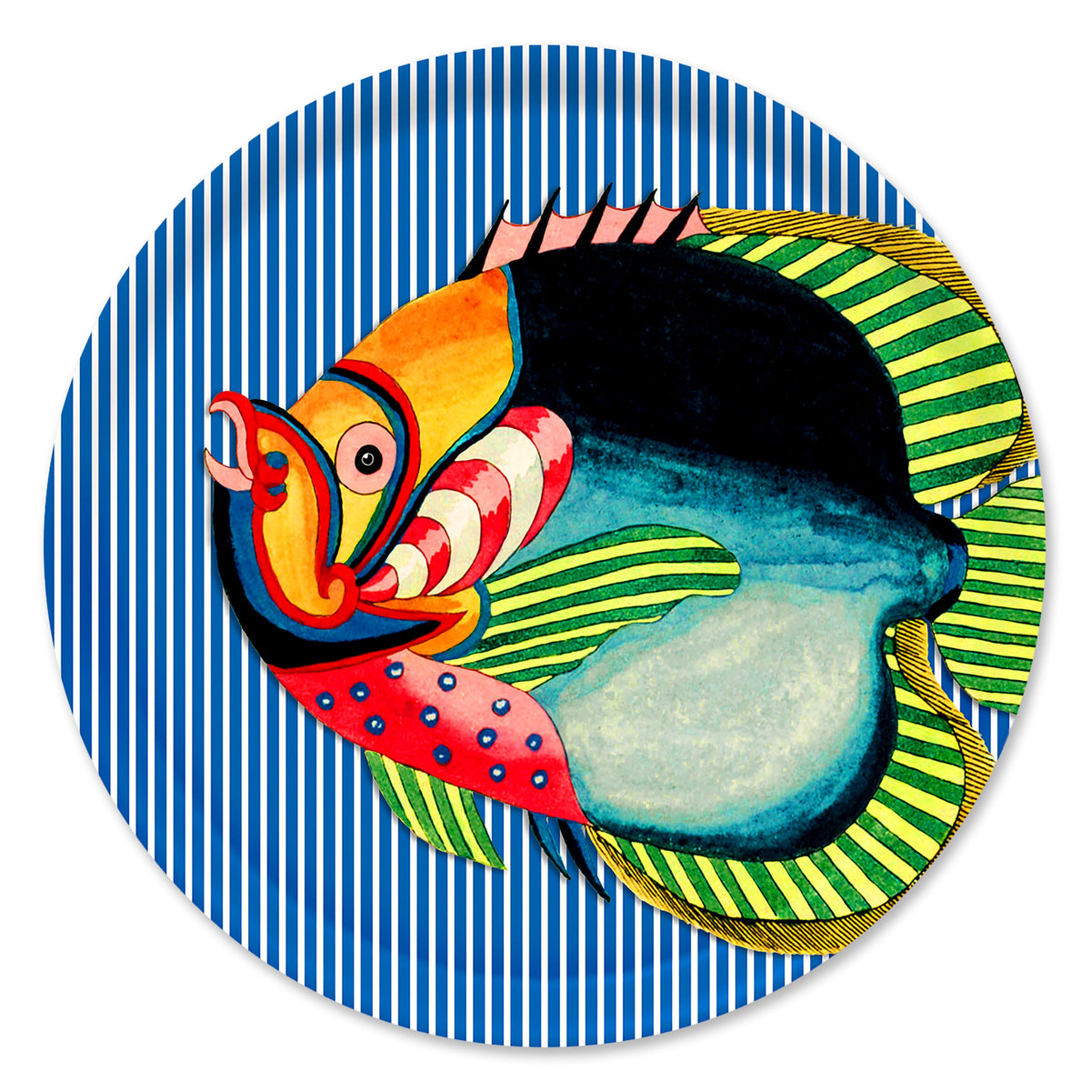 Top view of Party Fish large round birchwood tray showing colorful fish illustration on blue and white striped background
