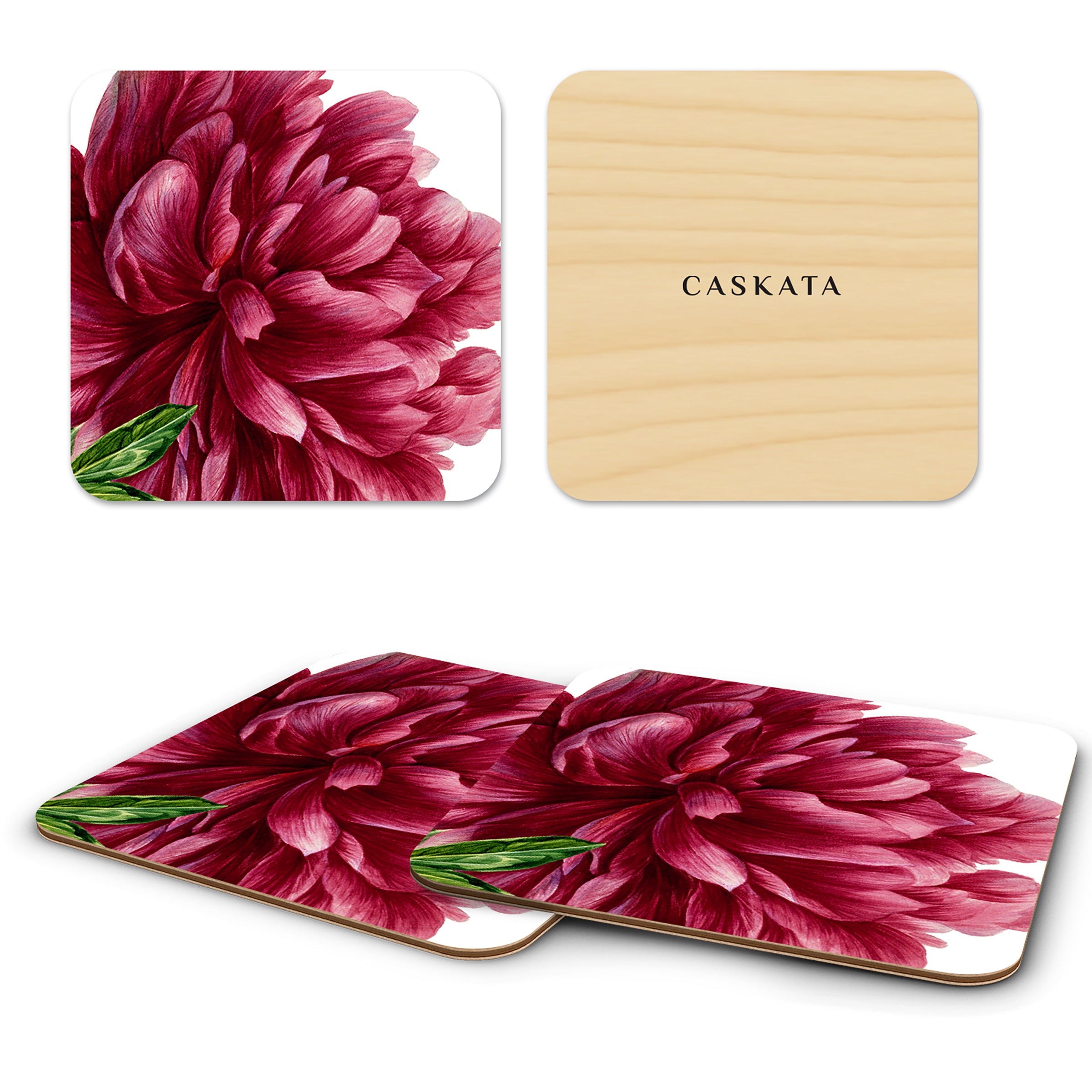 Pink Peony Birchwood Coasters, Set of 4