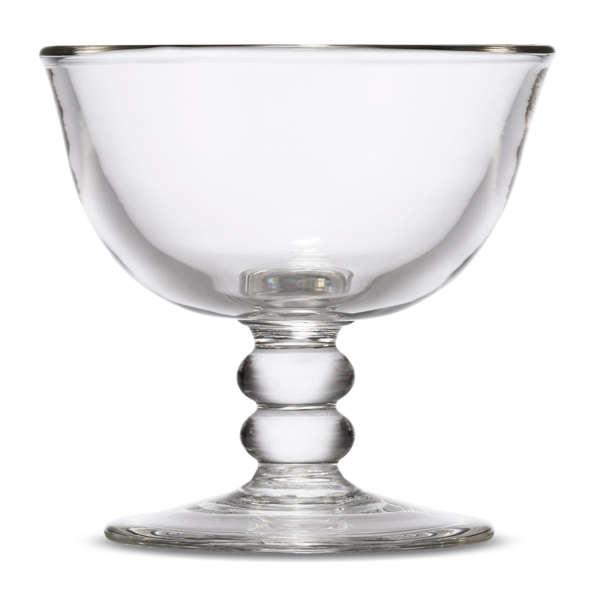 Front view of Cassia Dessert Coupe showcasing its hand-blown clear crystal bowl and decorative stem on a white background