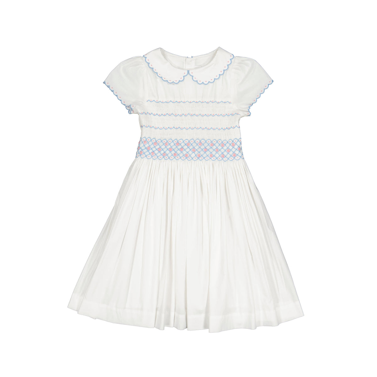 Front view of Cassis White Short Sleeve Smocked Dress showcasing Peter Pan collar, floral embroidery, and smocked bodice on white background