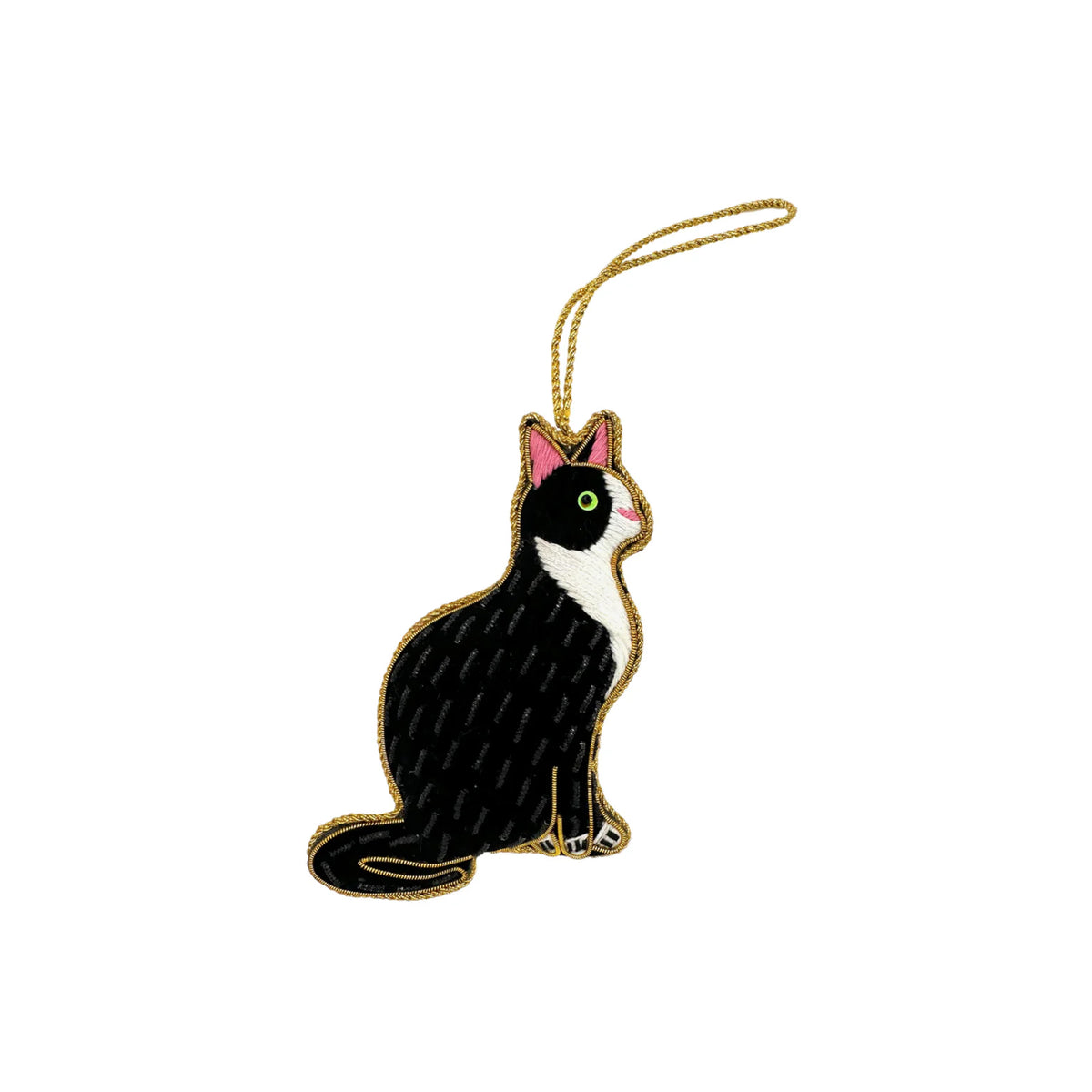 Front view of Cat Ornament showcasing black and white hand-beaded cat design with hanging loop on white background