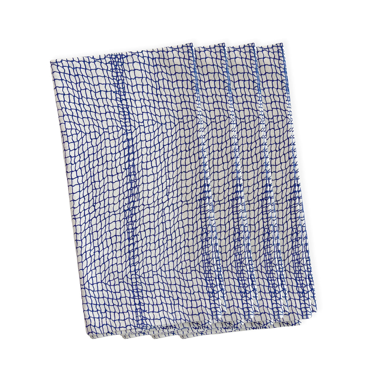 Front view of Catch Dinner Napkins, Set of 4 showcasing a blue organic geometric fishing net pattern on white