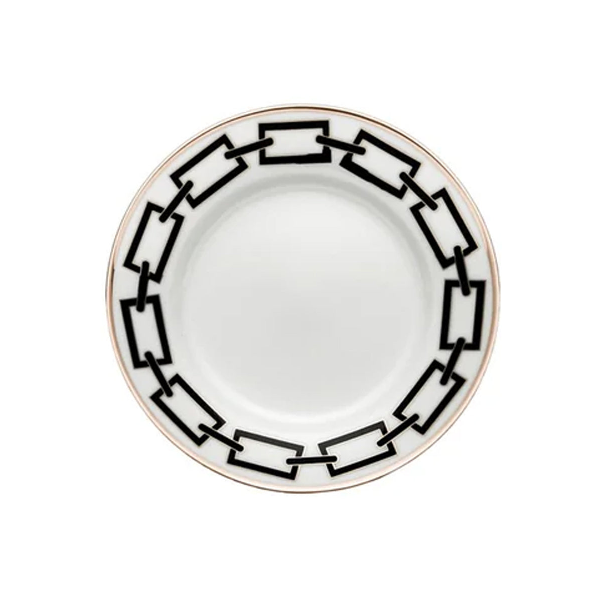 Top view of Catene bread plate showcasing black geometric chain border and thin gold rim on white background