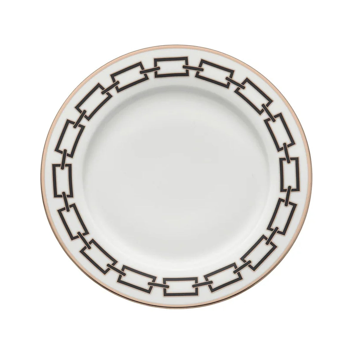 Top view of Catene charger plate showing white porcelain with black geometric chain-link border and gold rim