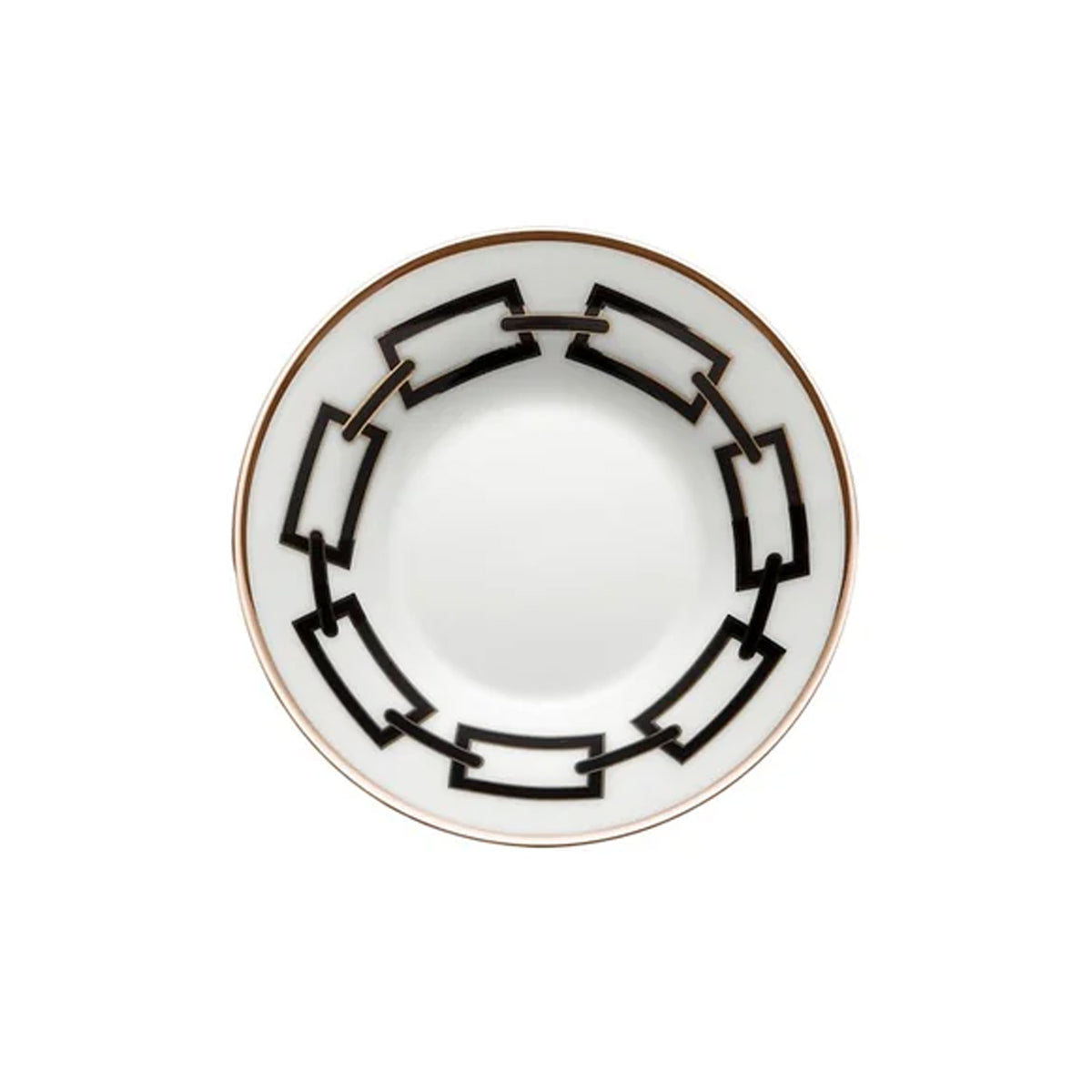 Top view of Catene coffee saucer showcasing black geometric chain motif and gold rim on white background