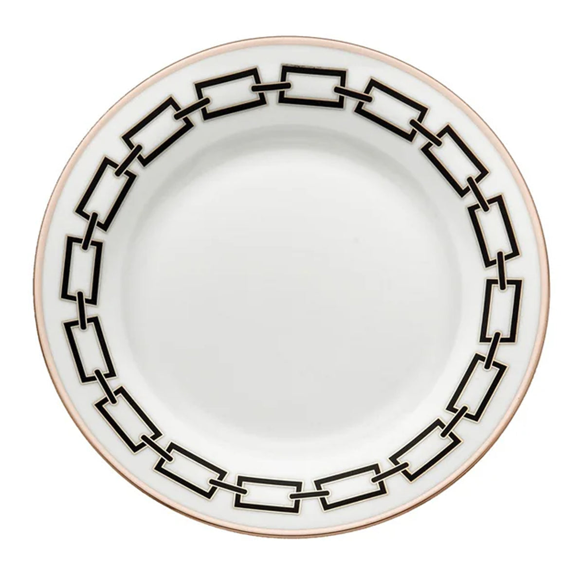 Top view of Catene dinner plate showcasing a black rectangular chain-link border and thin metallic gold rim on white porcelain