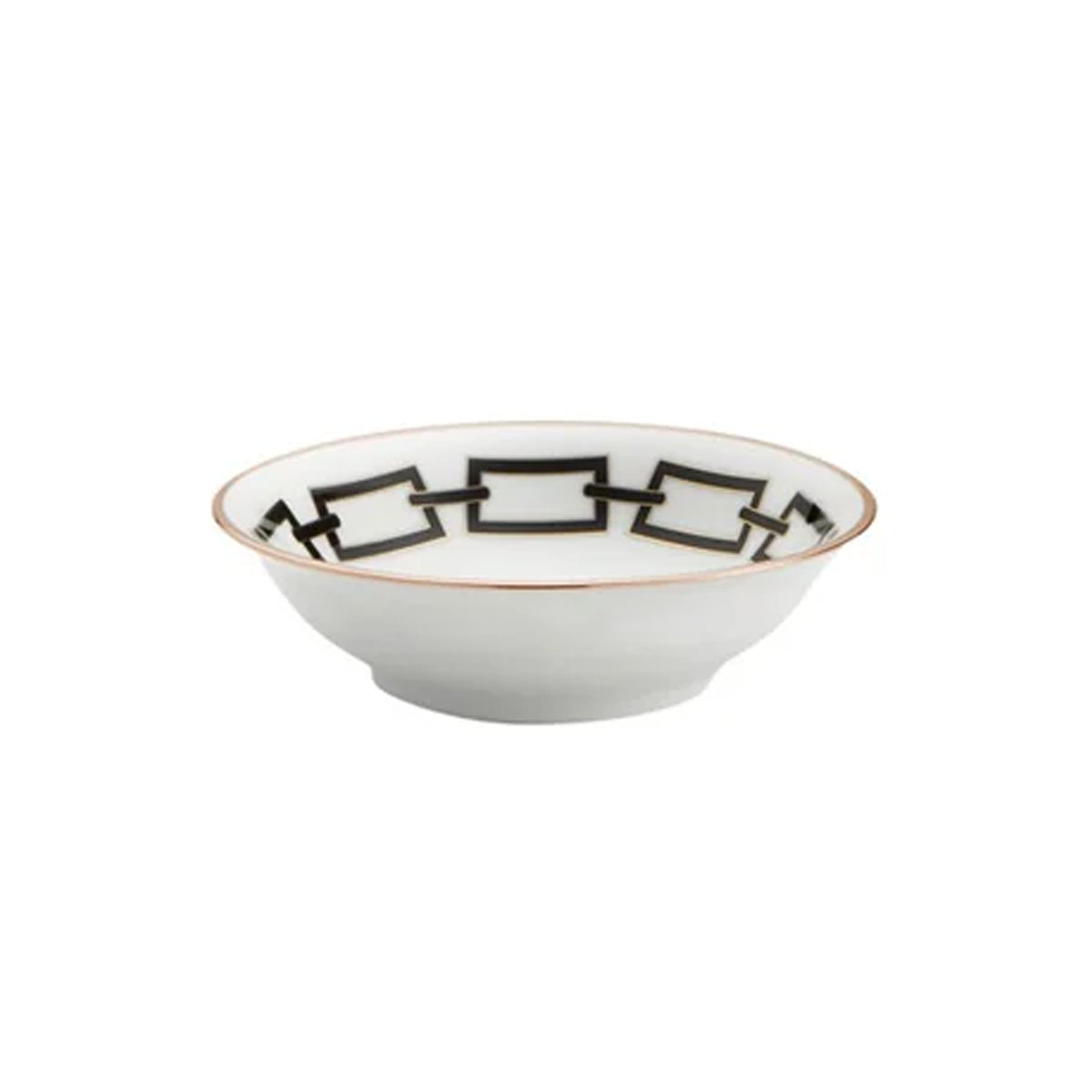 Front view of Catene Fruit Bowl showcasing black geometric chain pattern and gold rim with white background