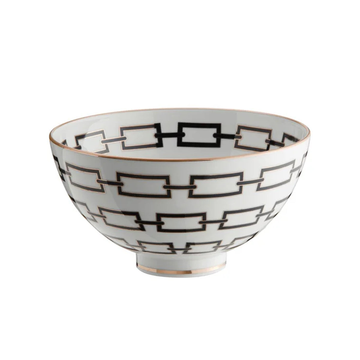Front view of Catene Gio Ponti bowl showcasing white porcelain with black chain-link geometric pattern and gold rim on white background
