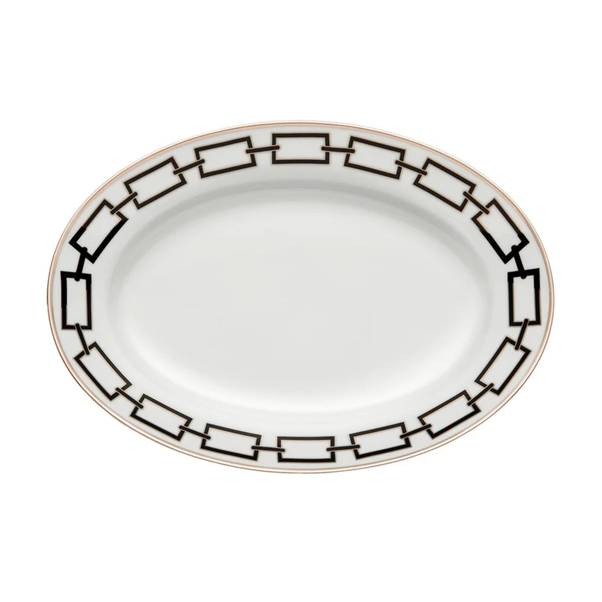 Top view of Catene Large Oval Platter showing black geometric chain border and gold rim on white porcelain
