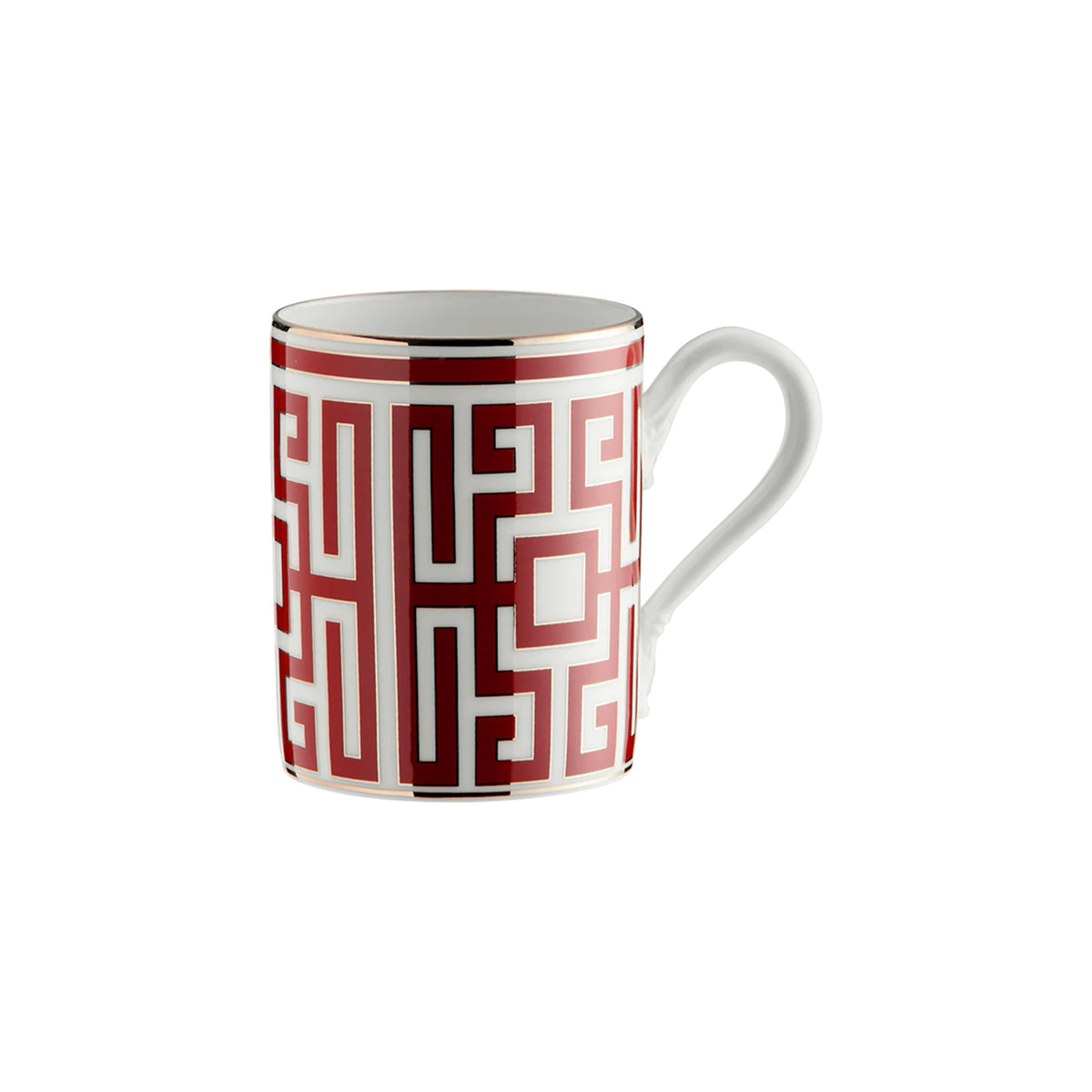 Front view of Catene Mug with Cover showcasing red geometric chain pattern, white porcelain body, curved handle and gold trim on white background