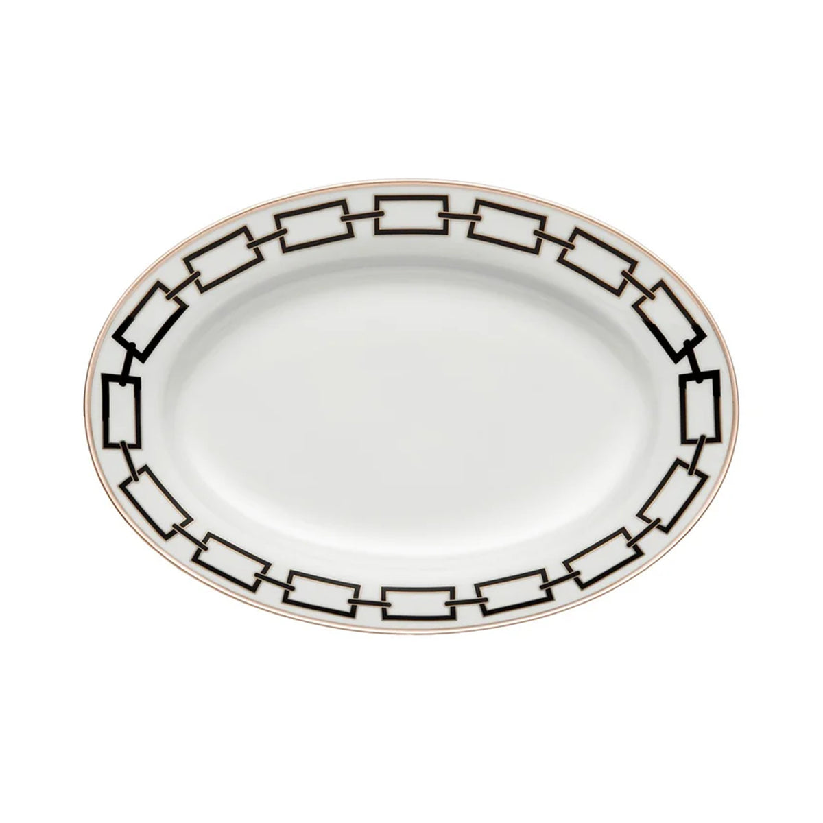 Top view of Catene oval platter showing white porcelain with black chain-link border and gold rim on white background