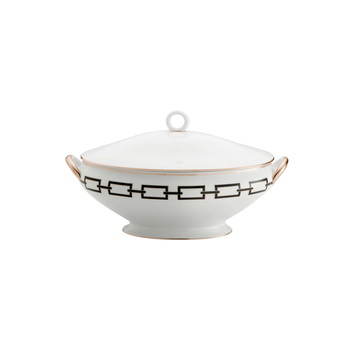 Front view of Catene white porcelain round box with lid showcasing black chain-link band and gilded handles