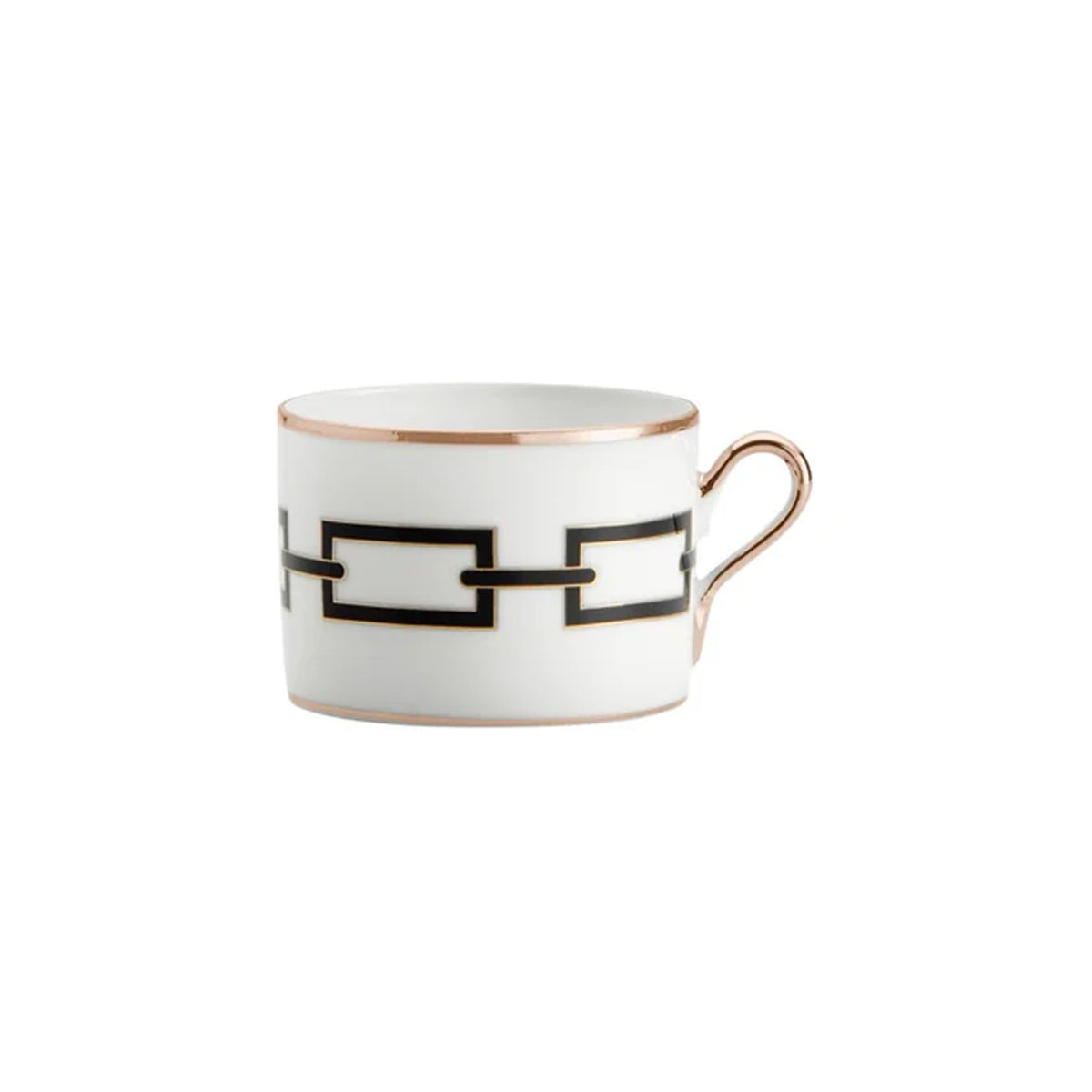 Side view of Catene tea cup showcasing black linked-rectangle chain pattern and gold rim and handle on white background