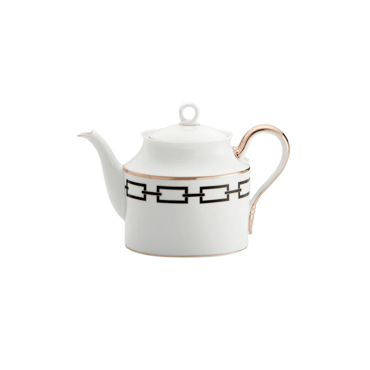 Front view of Catene teapot with cover showing white porcelain, black chain motif and gold-trimmed handle on white background