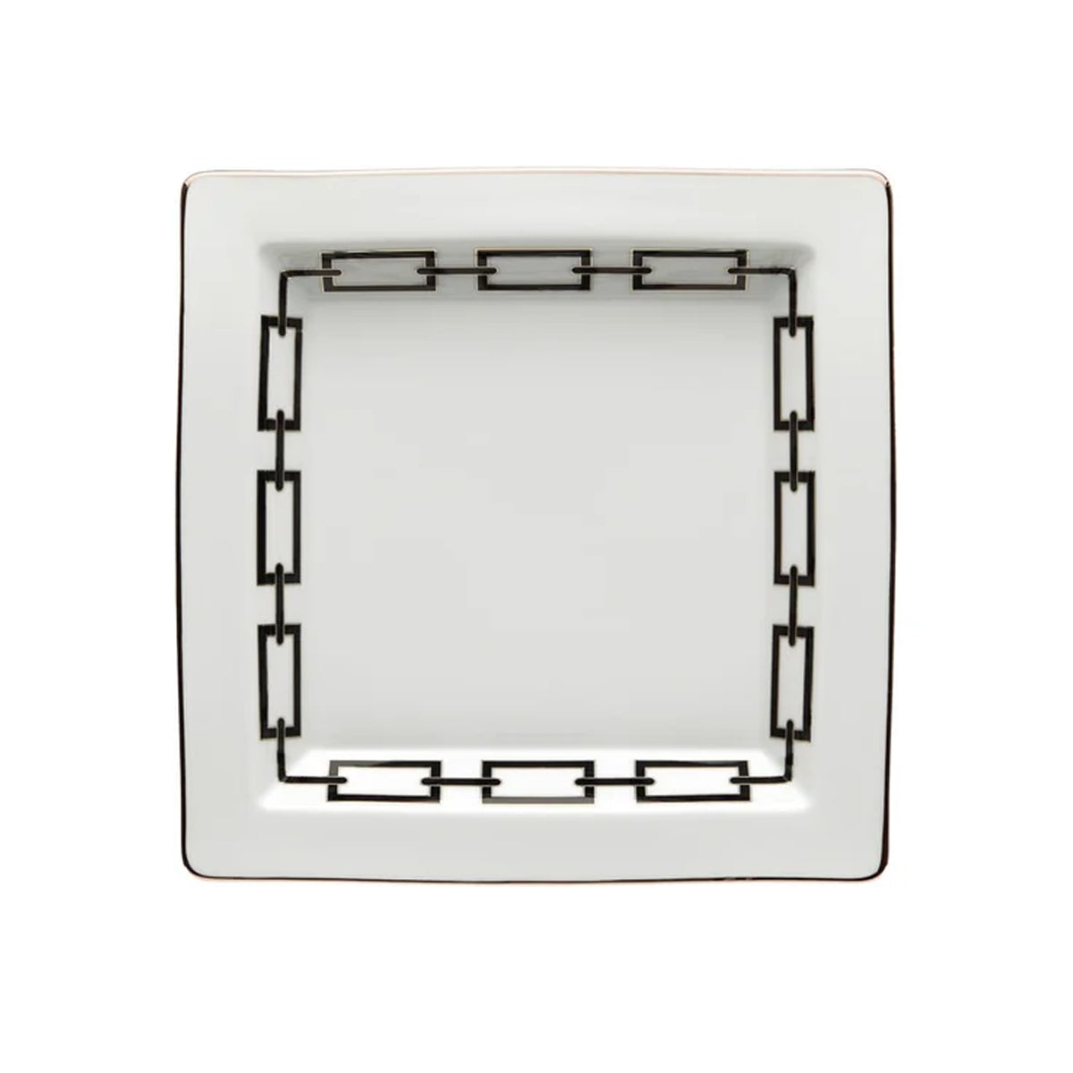 Top view of Catene Vide Poche porcelain valet tray showing black rectangular chain border on white background
