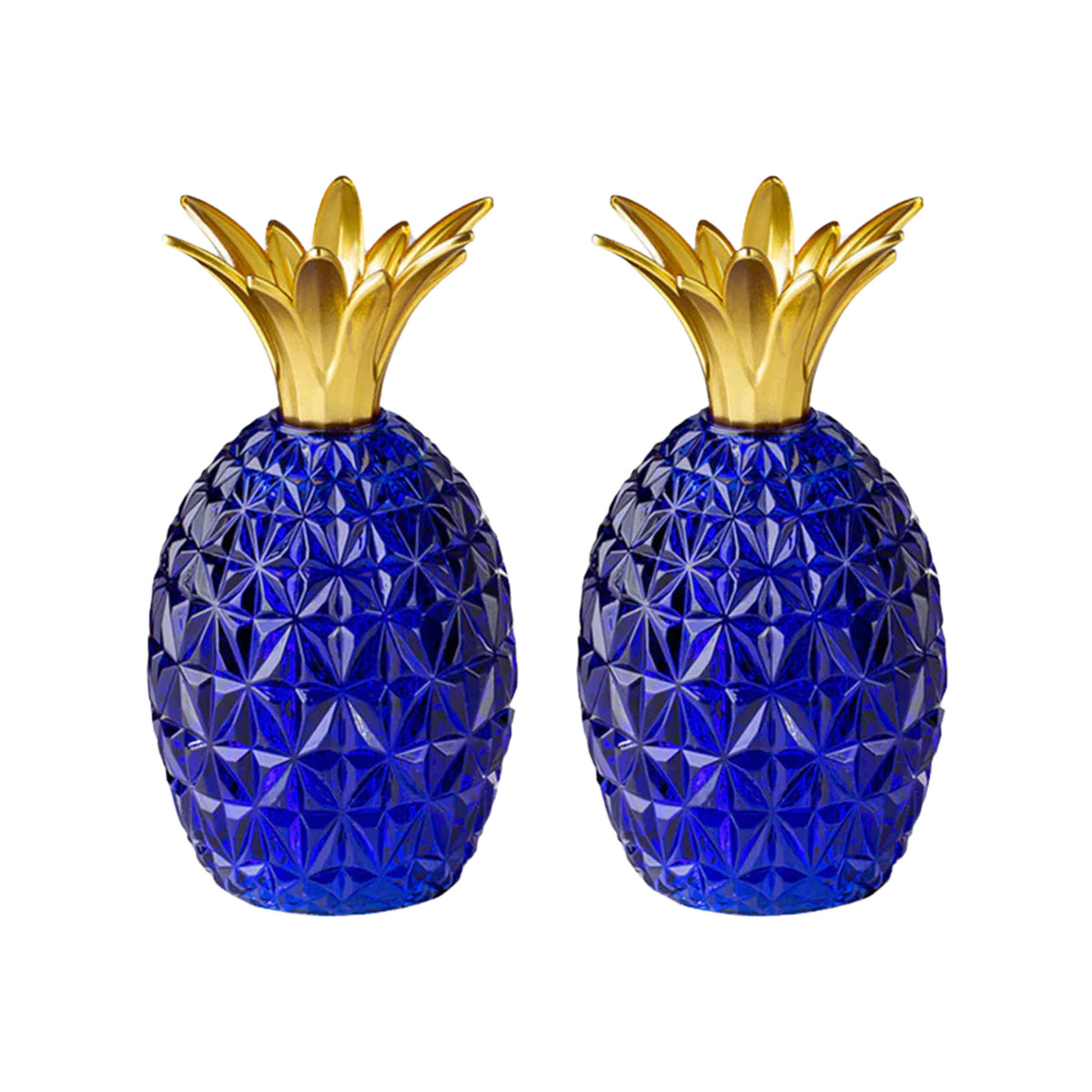 Front view of blue Caterina and Vittoria salt and pepper shakers, faceted pineapple bodies with gold tops on white