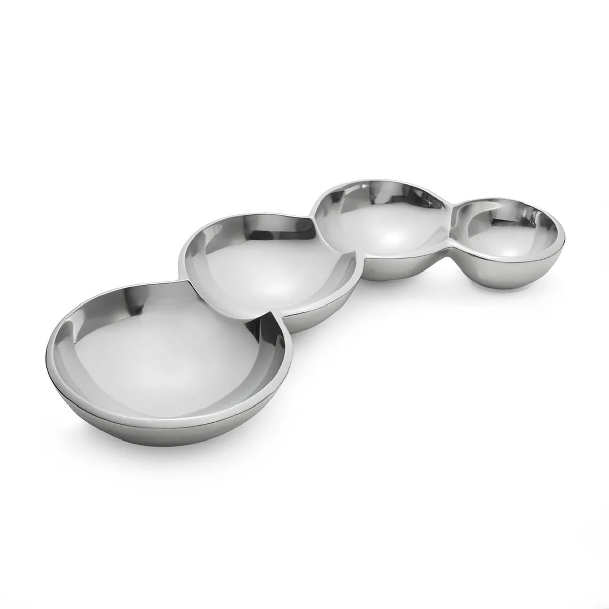 Front three-quarter view of Caterpillar Condiment showcasing four connected polished alloy bowls with white background